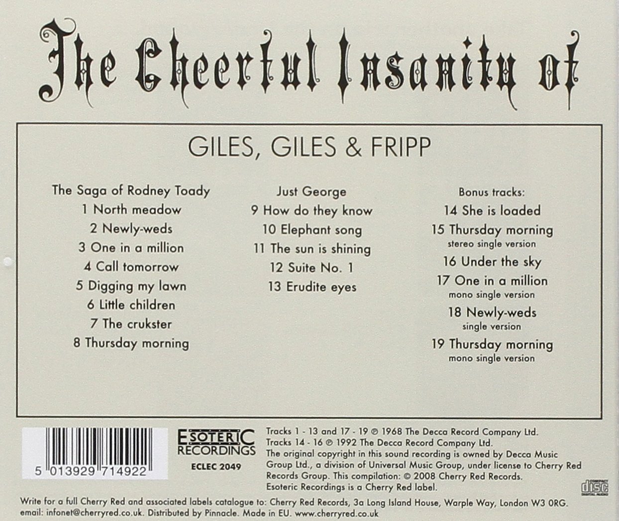 GILES, GILES & FRIPP - CHEERFUL INSANITY OF CD - Slika 2