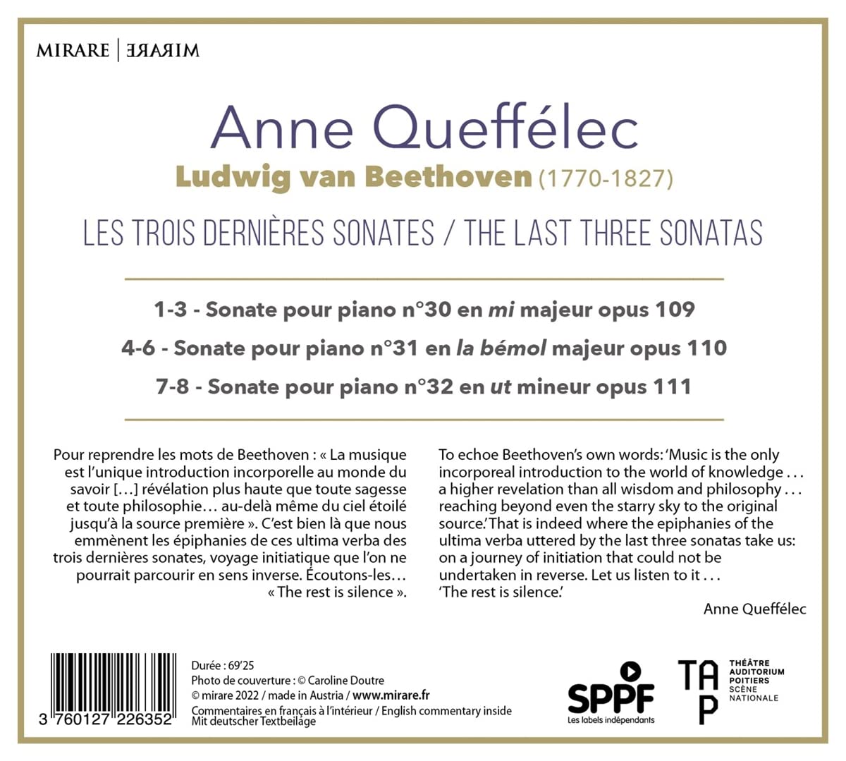 BEETHOVEN/QUEFFELEC - LAST 3 PIANO SONATAS CD - Slika 2