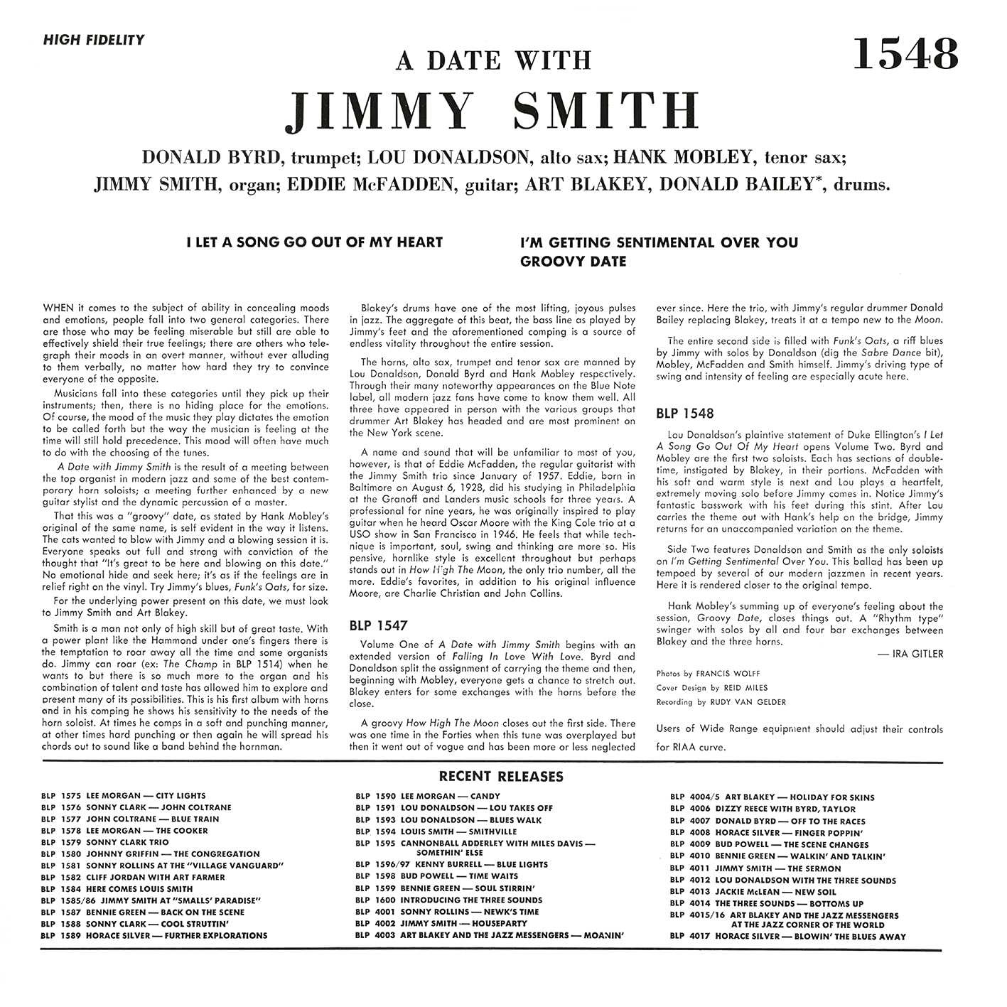 SMITH JIMMY - A DATE WITH JIMMY SMITH VOLUME TWO LP - Slika 2