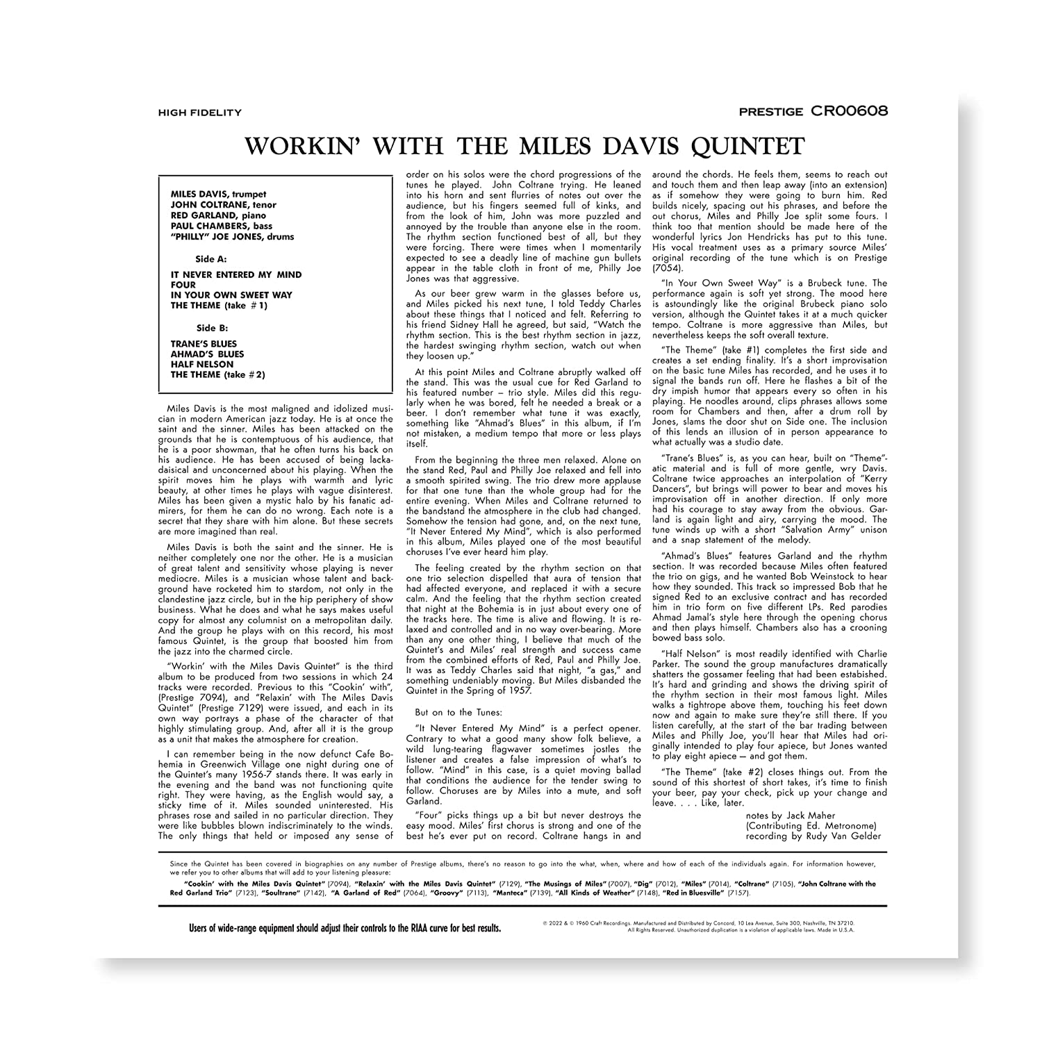 DAVIS MILES - WORKIN' WITH MILES DAVIS QUINTET LP - Slika 2