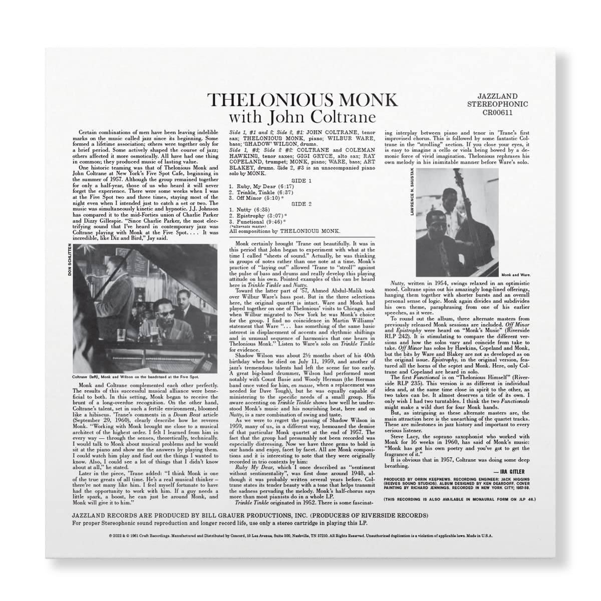 MONK THELONIUS - THELONIUS MONK WITH JOHN COLTRANE LP - Slika 2