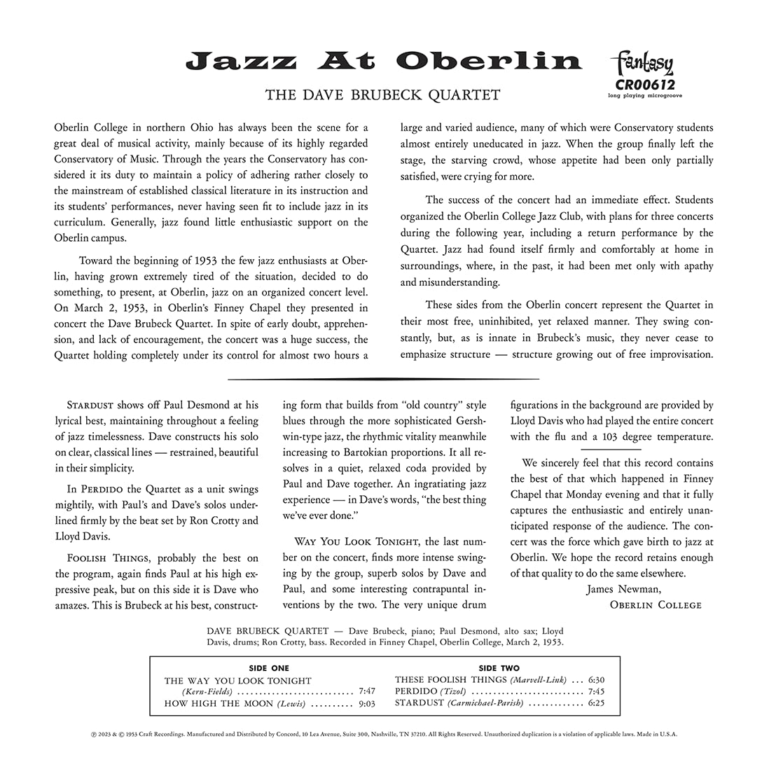 BRUBECK DAVE QUARTET - JAZZ AT OBERLIN LP - Slika 2