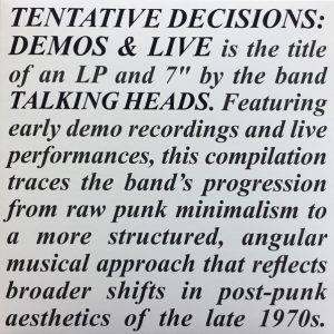 TALKING HEADS - TENTATIVE DISCISIONS 1974 - 1976 RSD BF 2025 clear vinyl LP